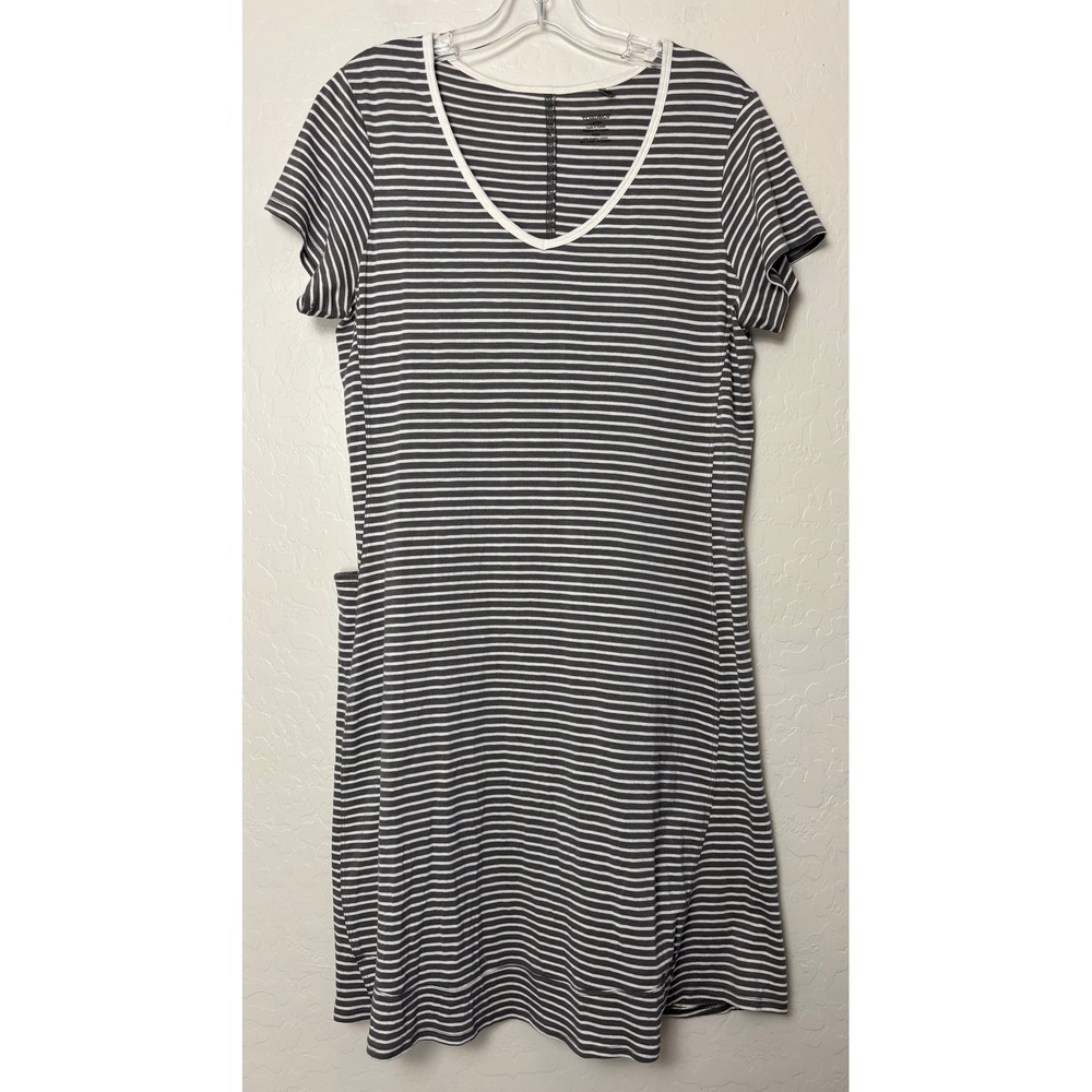 Toad&Co Marley SS Dress Grey White Striped Organic Cotton V-Neck Large 2298